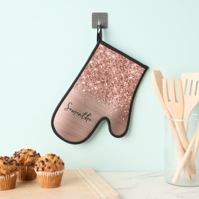 Glittery Rose Gold Glam Name Oven Mitt (Insitu(Hanging))