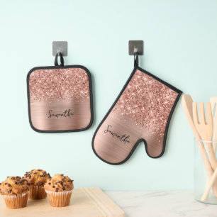 Glittery Rose Gold Glam Name Oven Mitt & Pot Holder Set
