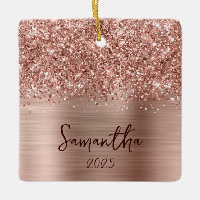 Glittery Rose Gold Glam Name Photo Ceramic Ornament (Front)