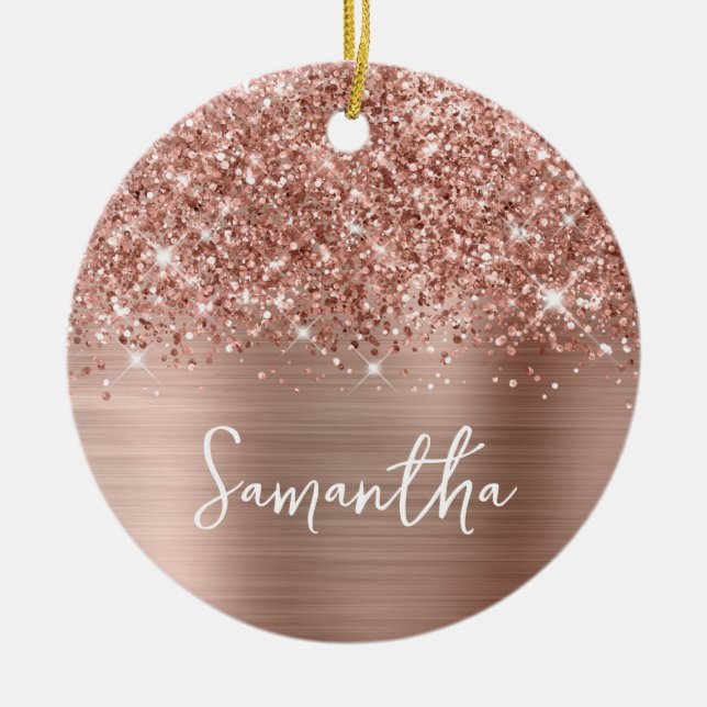 Glittery Rose Gold Glam Name Photo Ceramic Tree Decoration (Front)