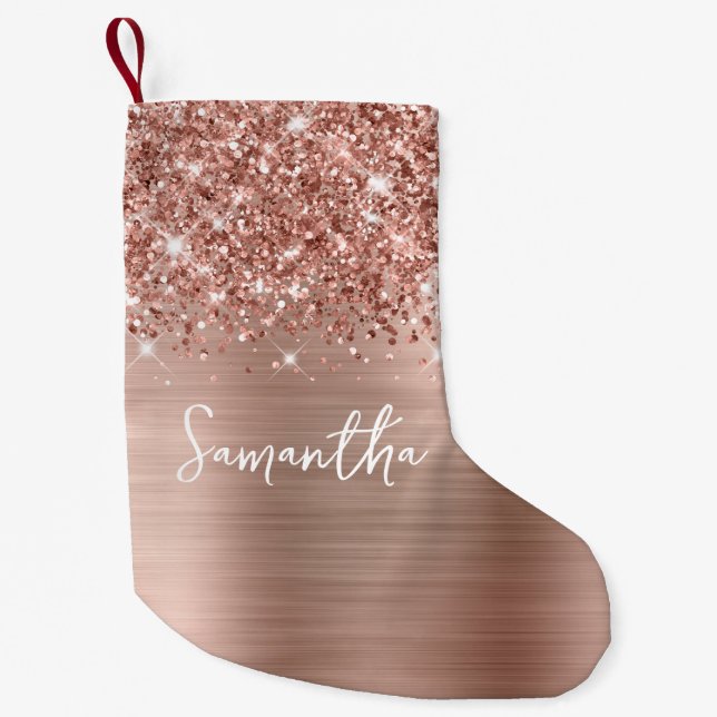 Glittery Rose Gold Glam Name Small Christmas Stocking (Front)