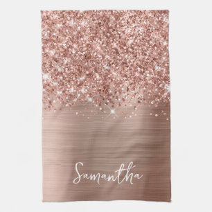 Glittery Rose Gold Glam Name Tea Towel