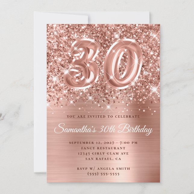 Glittery Rose Gold Glam Number 30th Birthday Invitation (Front)