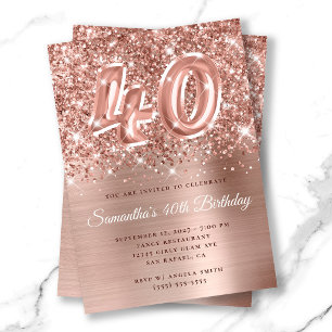 Glittery Rose Gold Glam Number 40th Birthday Invitation