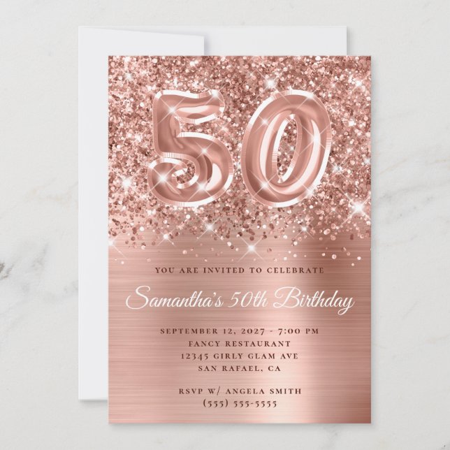 Glittery Rose Gold Glam Number 50th Birthday Invitation (Front)