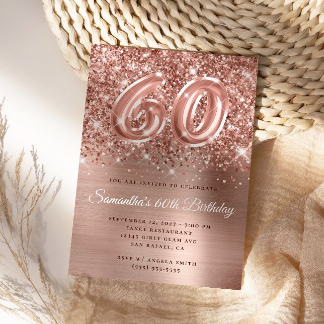 Glittery Rose Gold Glam Number 60th Birthday Invitation (60th Birthday Rose Gold Glam Invite)