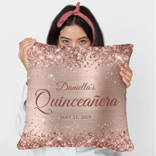 Glittery Rose Gold Glam Quinceanera Photo Cushion