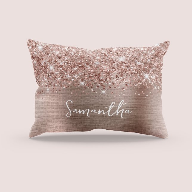 Glittery Rose Gold Glam Script Name Decorative Cushion (Glittery Rose Gold Glam Script Name Accent Pillow)