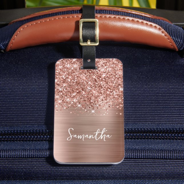 Glittery Rose Gold Glam Script Name Luggage Tag (Front Insitu 2)