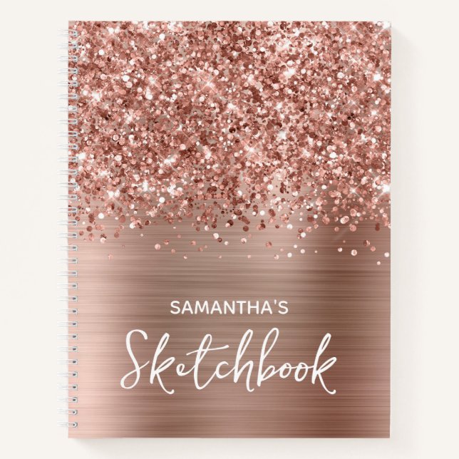 Glittery Rose Gold Glam Sketchbook with Name Notebook (Front)