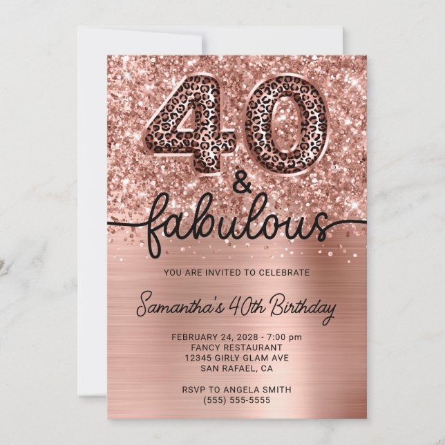 Glittery Rose Gold Leopard 40 and Fabulous Invitation (Front)