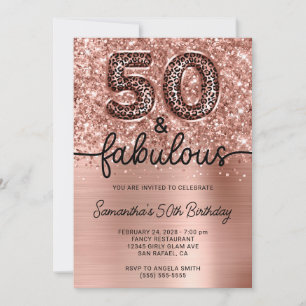 Glittery Rose Gold Leopard Glam 50 and Fabulous Invitation