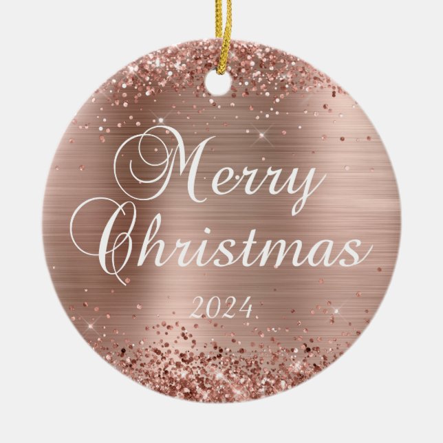 Glittery Rose Gold Merry Christmas Family Photo Ceramic Tree Decoration (Front)