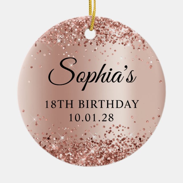 Glittery Rose Gold Ombre 18th Birthday Photo Ceramic Tree Decoration (Front)