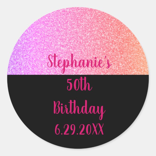 Glittery Rose Gold Pink Black Happy Birthday 2023 Classic Round Sticker (Front)
