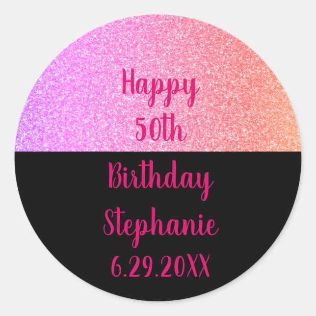 Glittery Rose Gold Pink Black Happy Birthday Name Classic Round Sticker (Front)