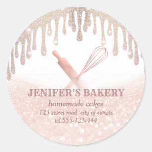 Glittery rose gold rolling pin & whisk chef bakery classic round sticker