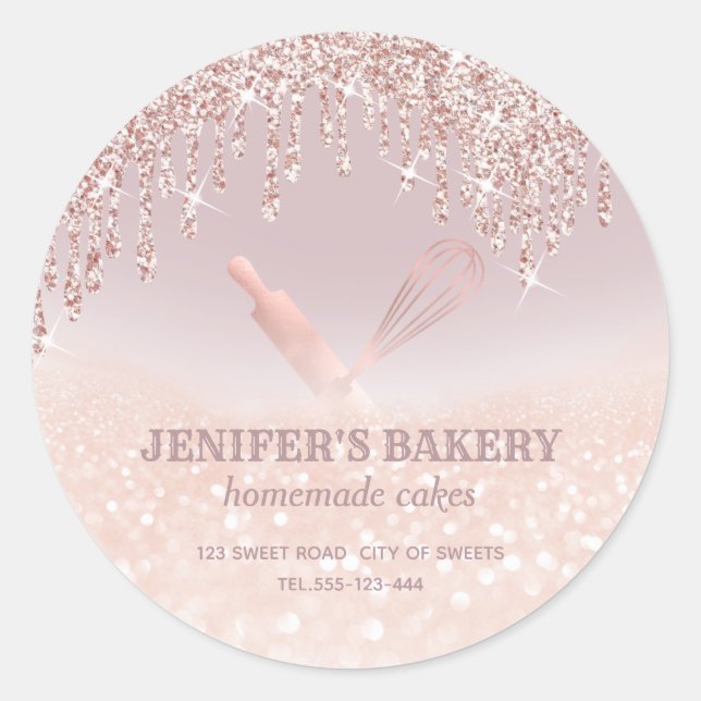 Glittery rose gold rolling pin & whisk chef bakery classic round sticker (Front)