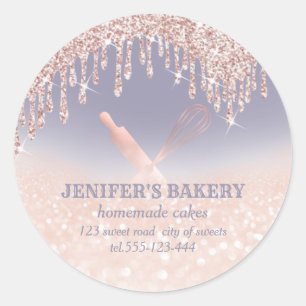 Glittery rose gold rolling pin & whisk chef bakery classic round sticker