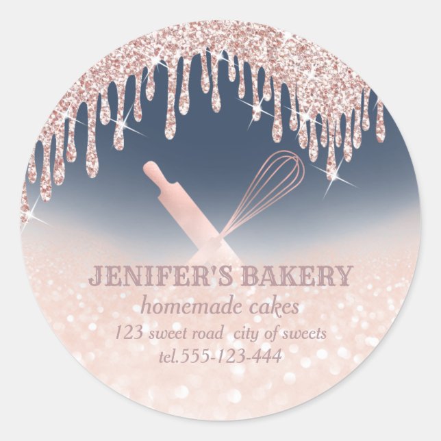 Glittery rose gold rolling pin & whisk chef bakery classic round sticker (Front)