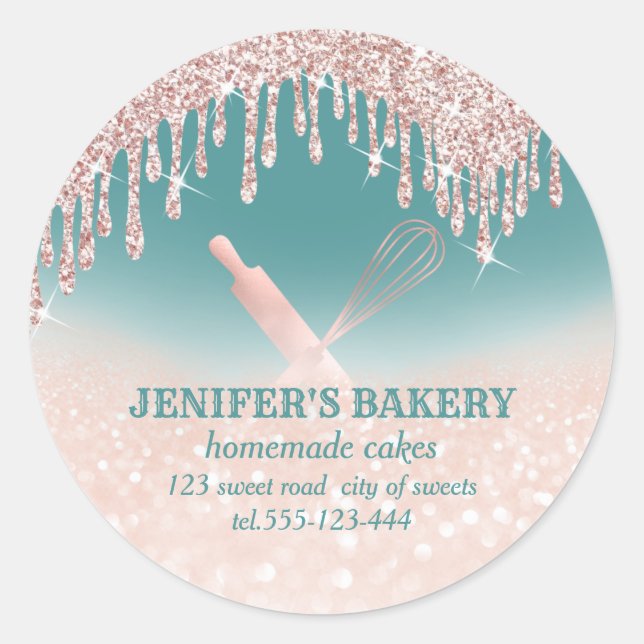 Glittery rose gold rolling pin & whisk chef bakery classic round sticker (Front)