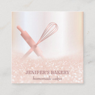 Glittery rose gold rolling pin whisk chef bakery square business card