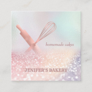 Glittery rose gold  rolling pin whisk chef bakery square business card