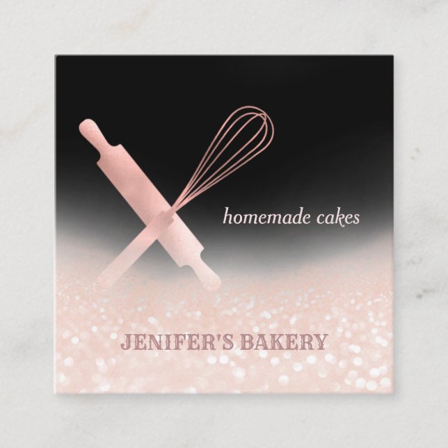 Glittery rose gold rolling pin whisk chef bakery square business card (Front)