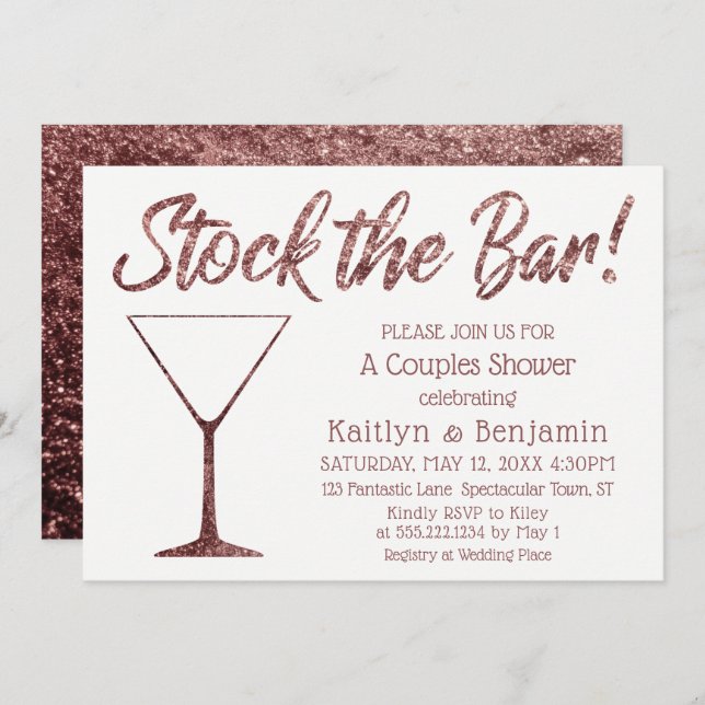 Glittery Rose Gold Stock the Bar Couples Shower Invitation (Front/Back)