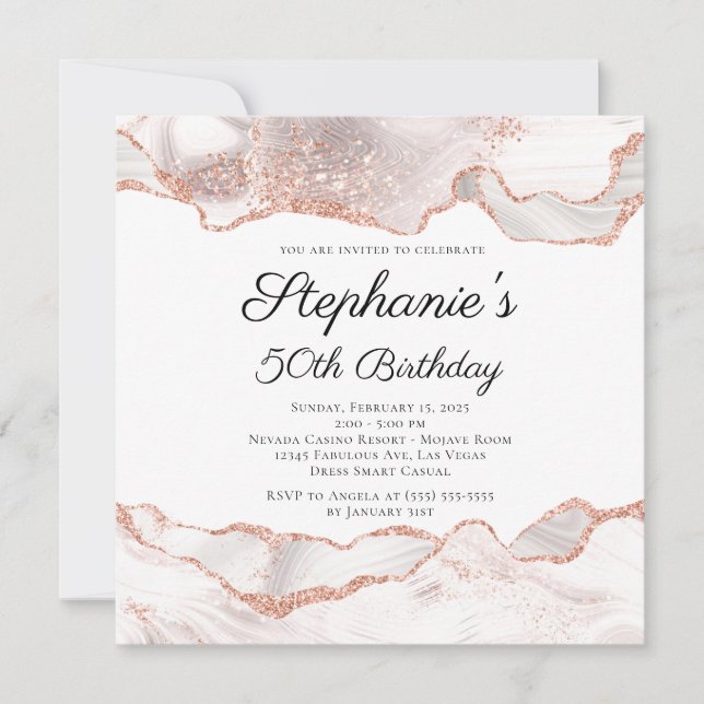 Glittery Rose Gold White Agate 50th Birthday Invitation (Front)