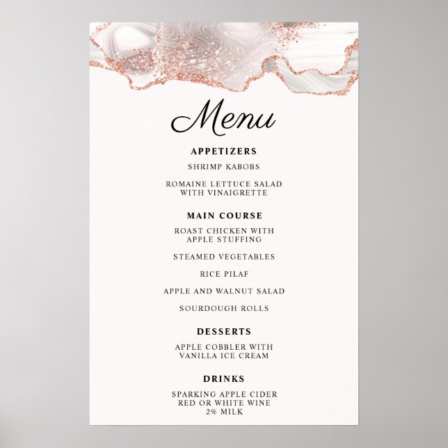 Glittery Rose Gold White Agate Menu A4 Poster (Front)