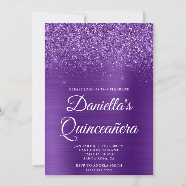 Glittery Royal Purple Foil Photo Quinceañera Invitation (Front)