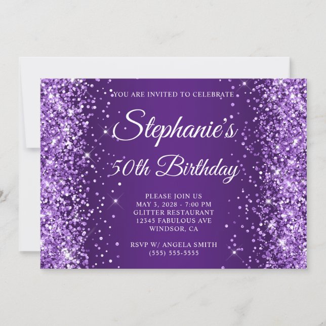 Glittery Royal Purple Monogram 50th Birthday Invitation (Front)
