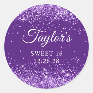 Glittery Royal Purple Sweet 16 Classic Round Sticker