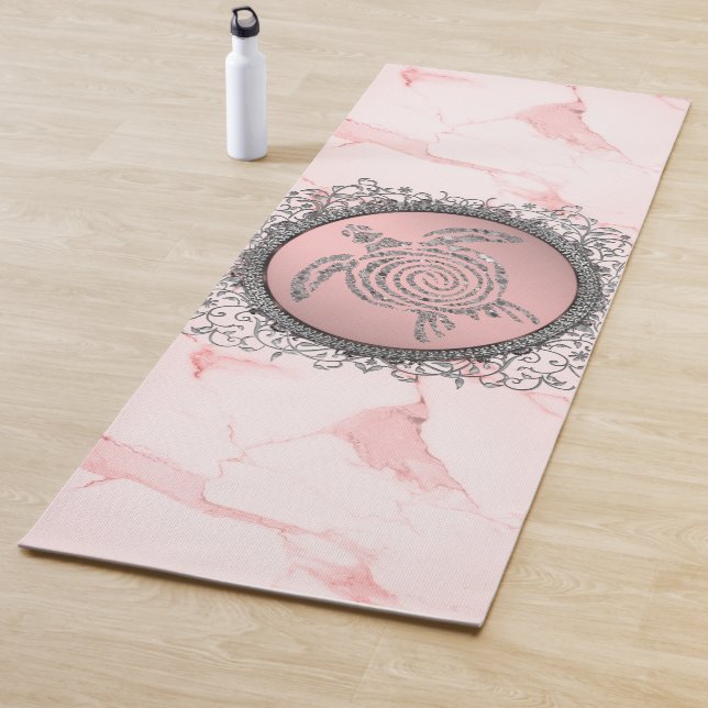 Glittery Sea Turtle on Pink Marble Yoga Mat (In Situ)