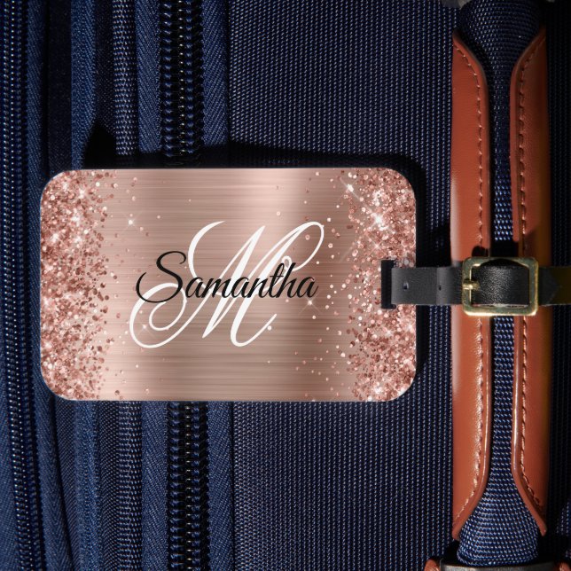Glittery Shiny Rose Gold Faux Foil Luggage Tag (Front Insitu 4)
