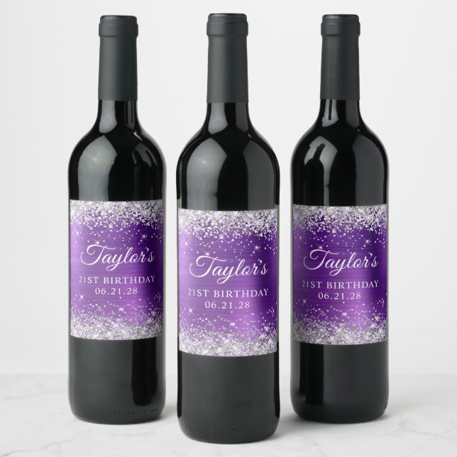 Glittery Silver Amethyst Foil 21st Birthday Wine Label (Bottles)