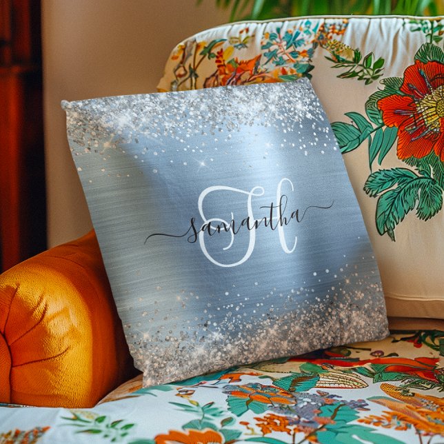 Glittery Silver and Light Blue Monogrammed Cushion (Glittery Silver and Light Blue Monogrammed Throw Pillow)
