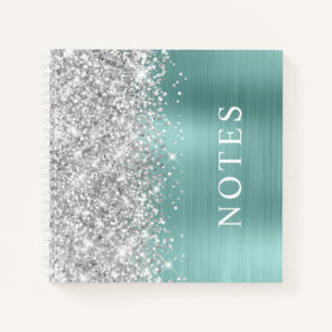 Glittery Silver and Pale Turquoise Glam Blank Notebook