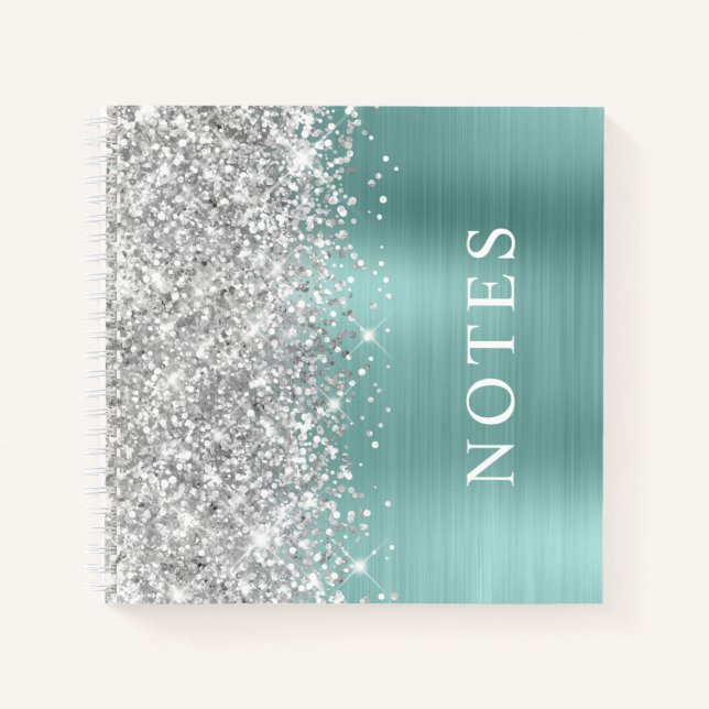 Glittery Silver and Pale Turquoise Glam Blank Notebook (Front)