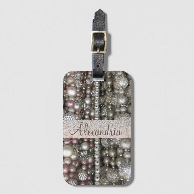 Glittery Silver and Pink Beads Personalised        Luggage Tag (Front Vertical)
