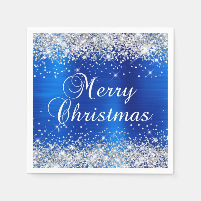 Glittery Silver and Royal Blue Merry Christmas Napkin (Front)