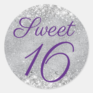 Glittery Silver and Royal Purple Sweet 16 Classic Round Sticker