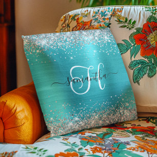 Glittery Silver and Turquoise Blue Monogrammed Cushion