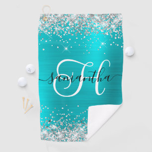 Glittery Silver and Turquoise Blue Monogrammed Golf Towel