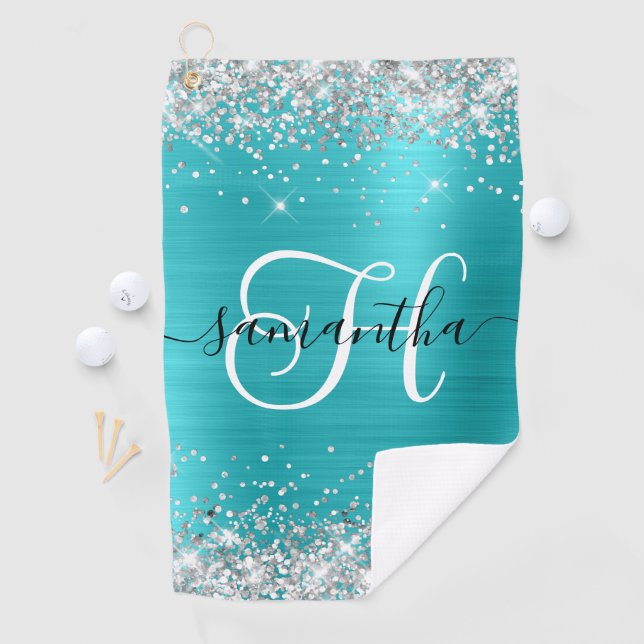 Glittery Silver and Turquoise Blue Monogrammed Golf Towel (InSitu)