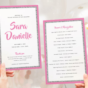 Glittery Silver Bat Mitzvah Pink Paper Program 