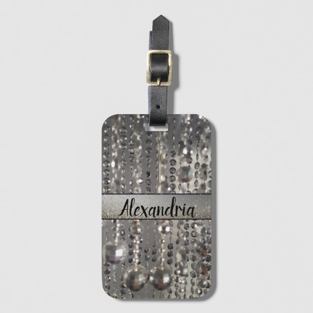  Glittery Silver Beads Personalised         Luggage Tag (Front Vertical)