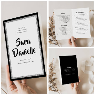 Glittery Silver & Black Bat Mitzvah Folded Program Flyer