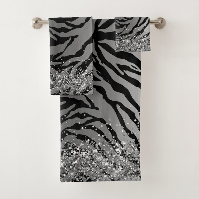 Glittery Silver Black Zebra Safari Print  Bath  Bath Towel Set (Insitu)